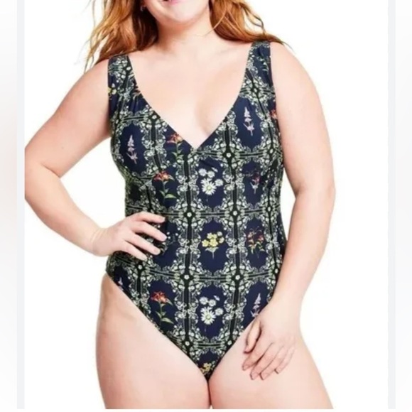 Agua Bendita x Target Navy Blue Floral Tile Cheeky One Piece Swimsuit - Picture 1 of 16